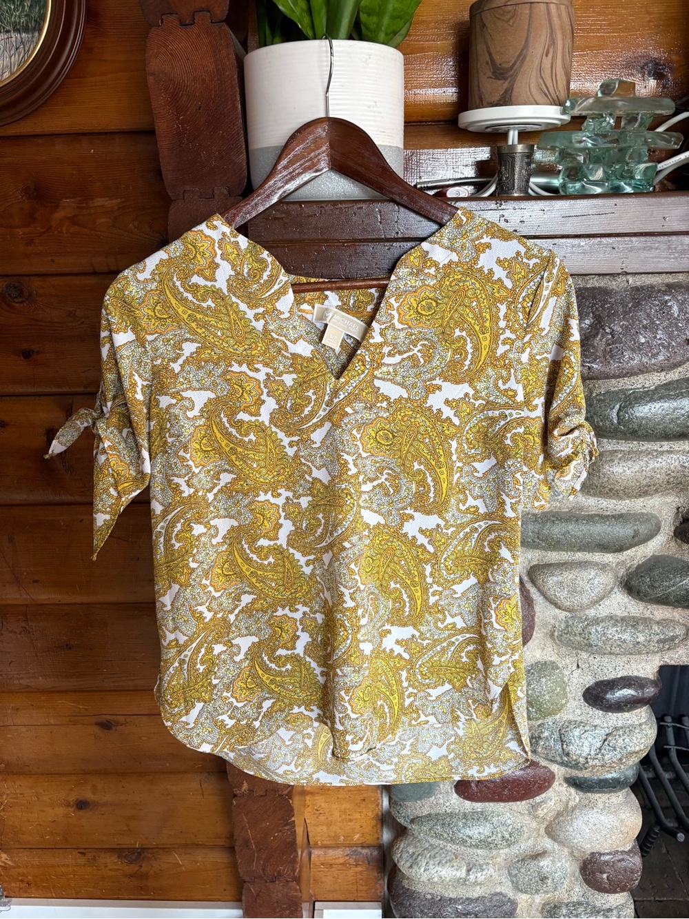 MICHAEL Michael Kors Paisley Tie Sleeve Blouse Yellow White Small